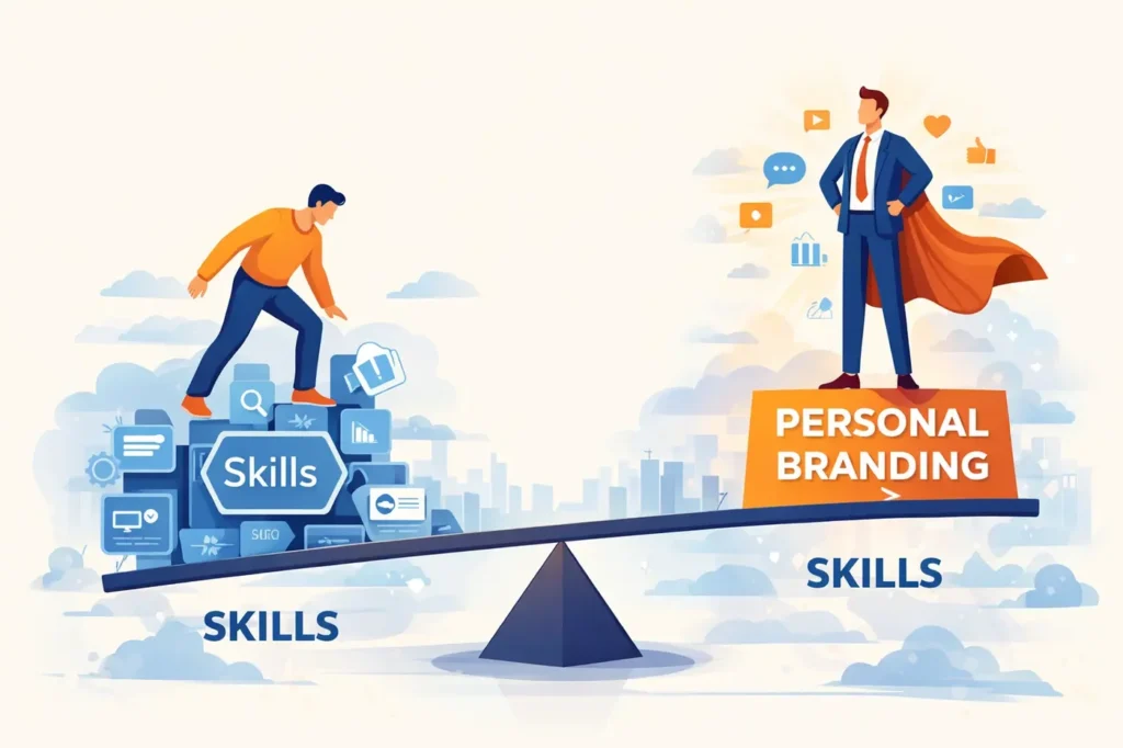 Illustration showing the importance of personal branding compared to technical skills in digital marketing careers.